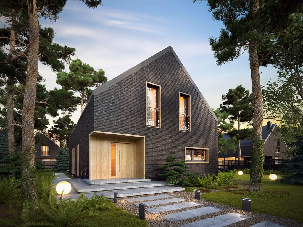 Wizualizacja porównawcza projektów domów New-House: nowoczesna stodoła z dachem dwuspadowym oraz dom parterowy z płaskim dachem o metrażu 180 m2 wraz z zestawieniem kosztów budowy w 2026 roku.